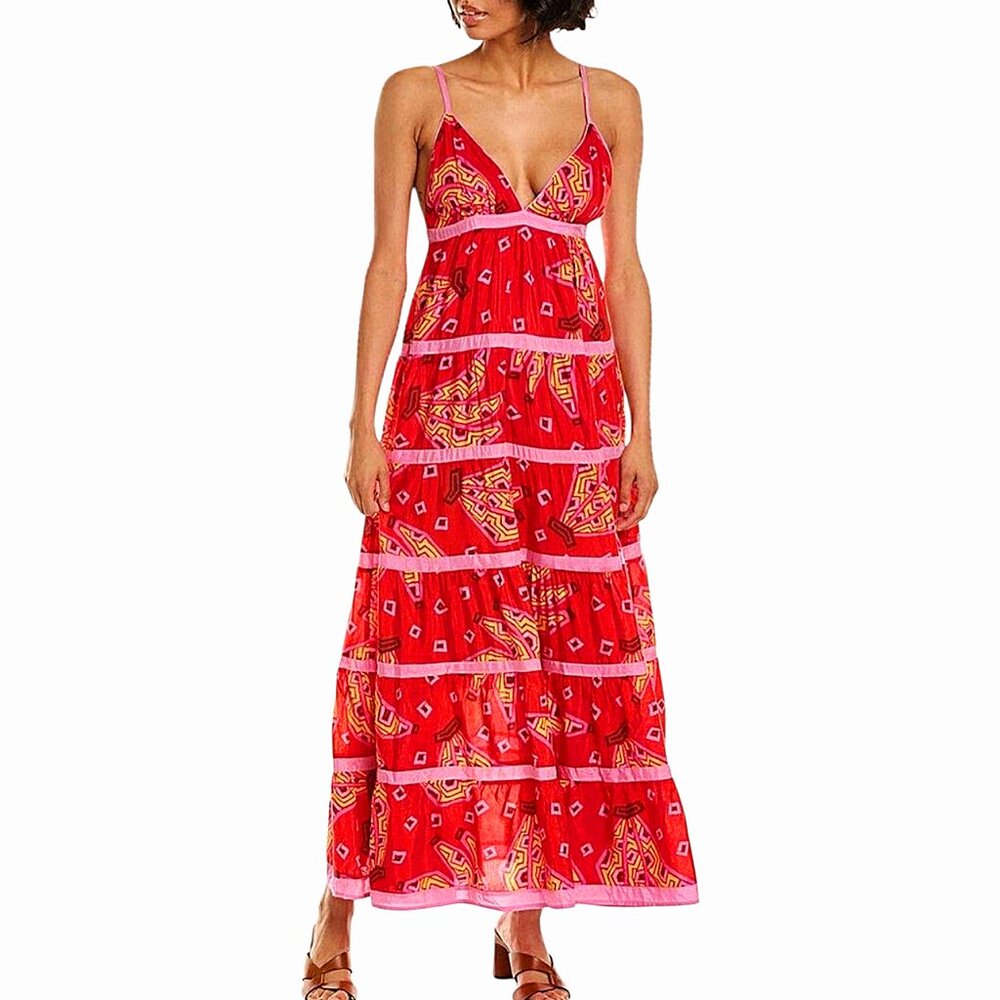 Farm Rio Tiki Bananas Coral Red Tiered Maxi Sundress Tropical/Resort/Summer - L
